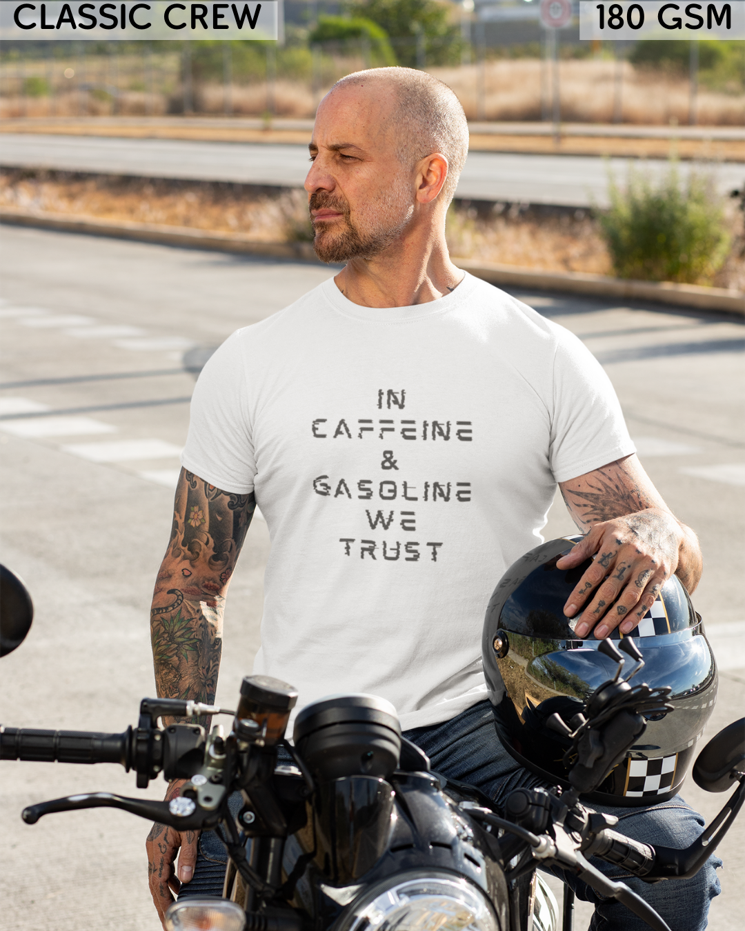 In Caffeine And Gasoline We Trust - Biker's T-Shirt - Unisex