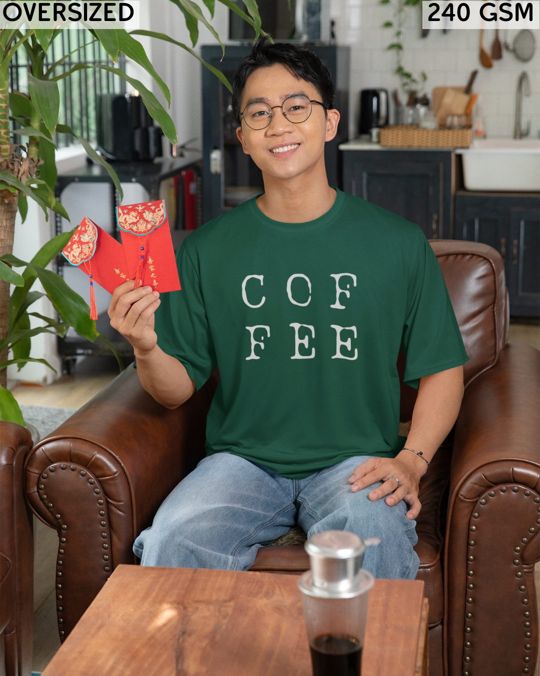 Coffee Large (English) Text Oversized T-Shirt - Unisex